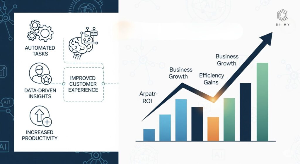 Infographic showcasing key AI benefits: icons for automated tasks, data-driven insights, improved customer experience, and increased productivity, all leading to an upward trending growth graph symbolizing business success.