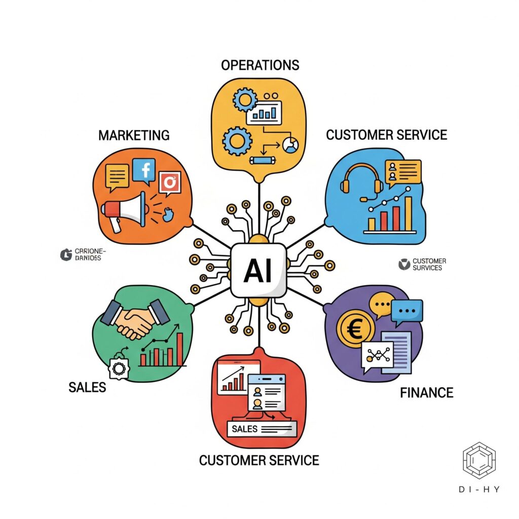 Diagram illustrating AI integration across various business departments: marketing, operations, sales, customer service, and finance. Central AI network connecting key functional areas.