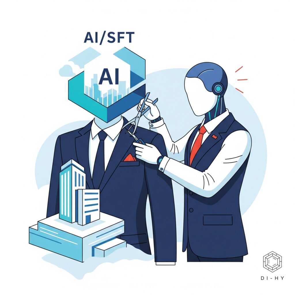 Conceptual image of Supervised Fine-Tuning (SFT) providing bespoke AI solutions for businesses, much like a tailor creates a custom suit. Represents precision and personalization in AI implementation.
